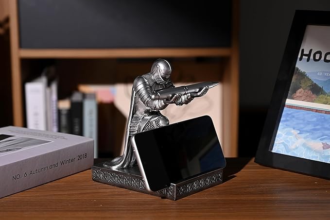 Windbreaker Soldier Knight Pen Holder Personalized Desk Accessory, Mobile Phone & Gaming Controller Holder, Device Stand Gift for Medieval Enthusiasts (Silver)