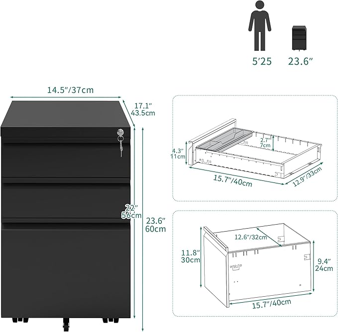 YITAHOME 3 Drawer File Cabinet with Lock, 20” Deep Office Vertical Files, Mobile Metal Filing Cabinet, Metal Vertical Filing Storage Cabinet for Letters/Legal/A4 Size,Black