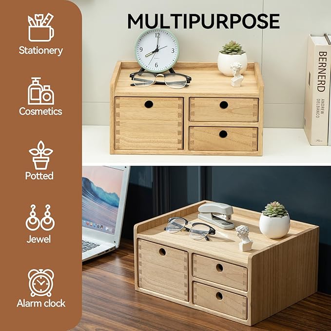 KIRIGEN Desk Organizer with 3 Drawers - Wood Drawer Storage Box with Trays for Tabletop - Workspace Office Toiletries Supplies Tool Caddy - Wooden Storage Cabinet Natural(DT1D3C-NA)