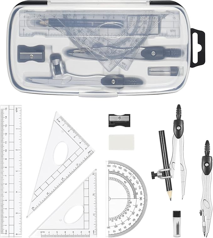 Math Geometry Kit Sets 10 Piece Student Supplies with Shatterproof Storage Box,Includes Rulers,Protractor,Compass,Eraser,Pencil Sharpener,Lead Refills,Pencil,for Drafting(Black)