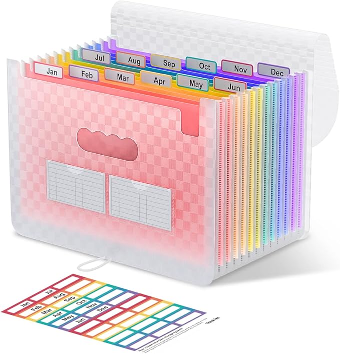 ThinkTex Accordion File Organizer, 12 - Pocket Expanding File Folders for Paper Receipts, Bills&Taxes Organizer, Letter/A4 Size Document Holder for School, Office, Home with Colorful tabs- Pink