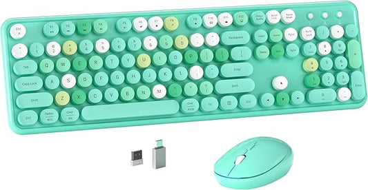 Colorful Wireless Computer Keyboard and Mouse Combo with Round Typewriter Keycaps, Retro Design, Power Switch, Ergonomic Design, 2.4GHz Wireless for Windows, Mac, PC(Green-Colorful)