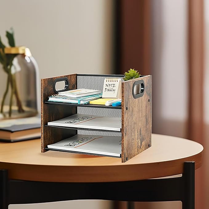 Wood Desk Organizer - 3-Tier Desktop File Organizer, Wooden Paper Tray, Office Desk Organzier and Accessories for Papers, Mail, Notebooks, Stationery
