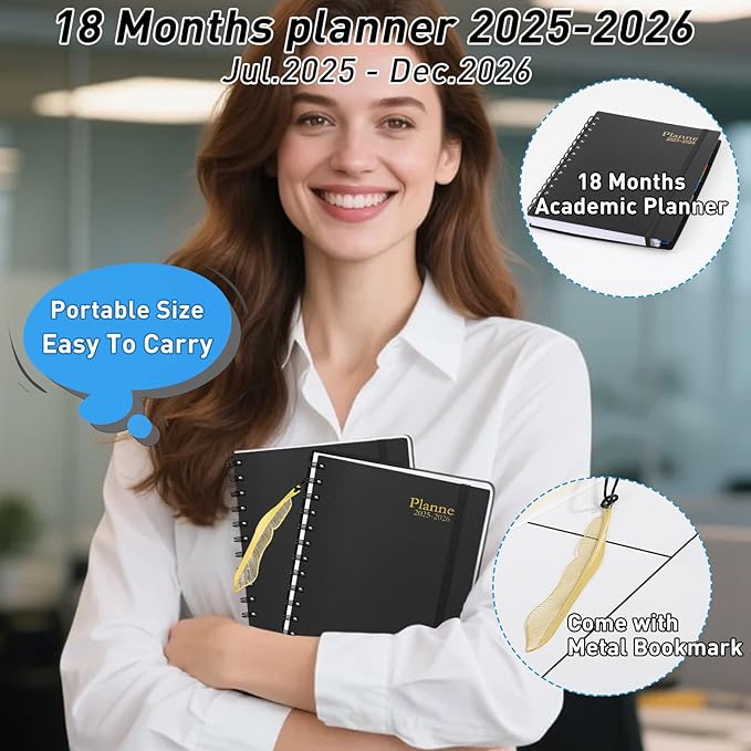 Daily Planner 2025-2026, July 2025 - December 2026, Yearly Monthly Weekly Daily Academic Calendar Planner, 18 Month with Tabs, Time Management Manual, 100GSM Thick Paper, A5 Size, Black