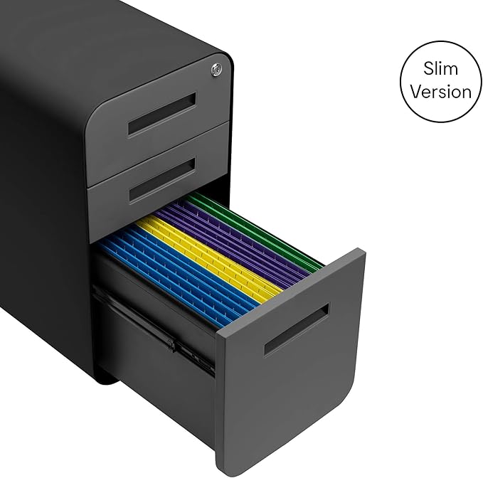 Laura Davidson Furniture Stockpile Slim 3-Drawer Mobile File Cabinet with Lock - Under Desk Metal Filing Cabinet, Legal/Letter File Folders, Wheels and Stationary Feet, Pre-Assembled, Black/Grey