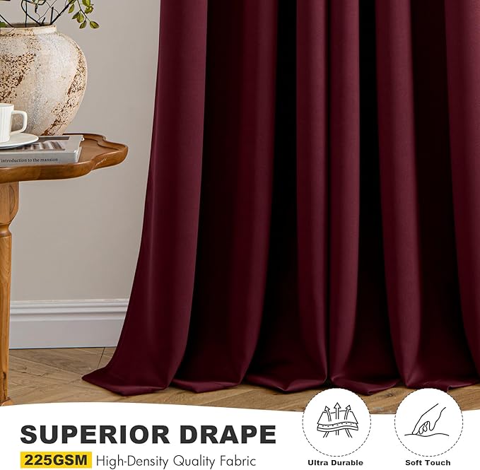 MIULEE Burgundy Red Blackout Curtains for Bedroom Living Room 90 Inches Long 2 Panels, Thermal Insulated Room Darkening Drapes Solid Grommet Top Noise Reduction Christmas Window Treatments 40x90 Inch