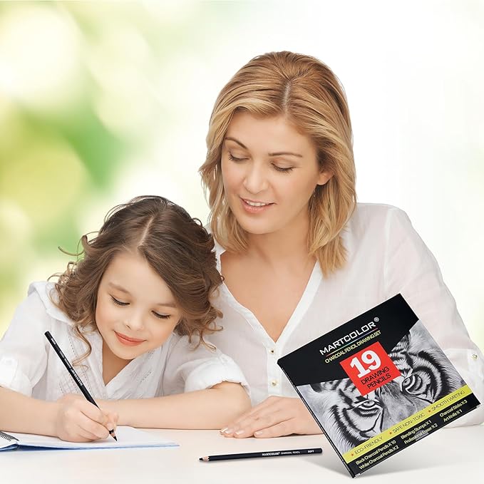 Charcoal Drawing Set, 19 Pieces, Black & White Charcoal Pencils for Drawing, Sketching, Shading, Blending, Artist Pencils for Beginners & Pro Artists