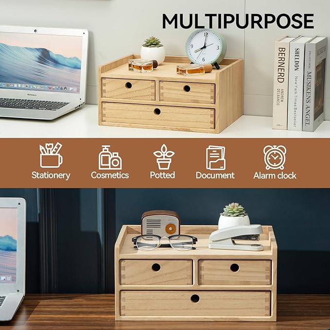 KIRIGEN Wood Organizer Shelf with 3 Drawers for Home Kicthen Decor Office Supplies Desktop Cabinet for Drawer Organizer - Desk Accessories Storage Box -Countertop Shelf Natural(DT2D3C-NA)