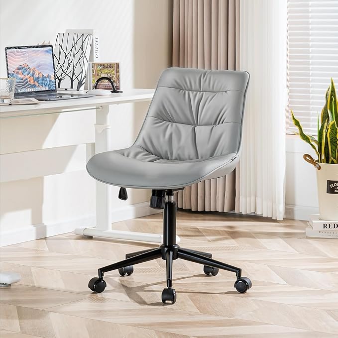 Kidol & Shellder Faux Leather Office Chair, Adjustable Swivel Height Task Chair, Rolling Wheels & Soft Backrest - Armless Ergonomic Desk Chair for Home, Office,Vanity,Gaming(Gray)