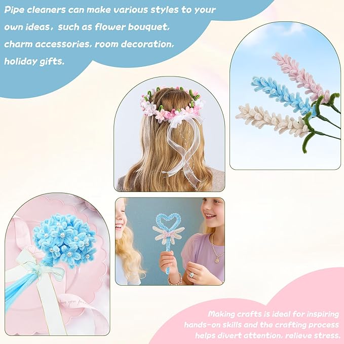 400 Pcs Craft Pipe Cleaners Flowers,5 Assorted Colors Chenille Stems Bulk with Floral Wires, Gardening Tape,Greeting Card,Bouquet Paper,Hot Glue Stick,Pearl & Ribbon,Ideals for Various Types Decor