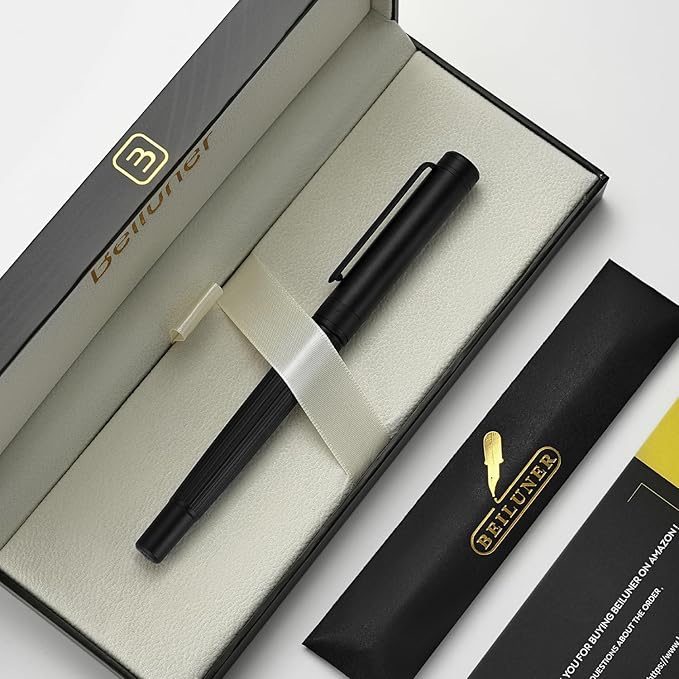 BEILUNER Lighthouse series Rollerball pen, matte black pen body, exquisite vertical lines, Schneider 850 refill, suitable for men, office, professionals, exquisite and chic designer pen