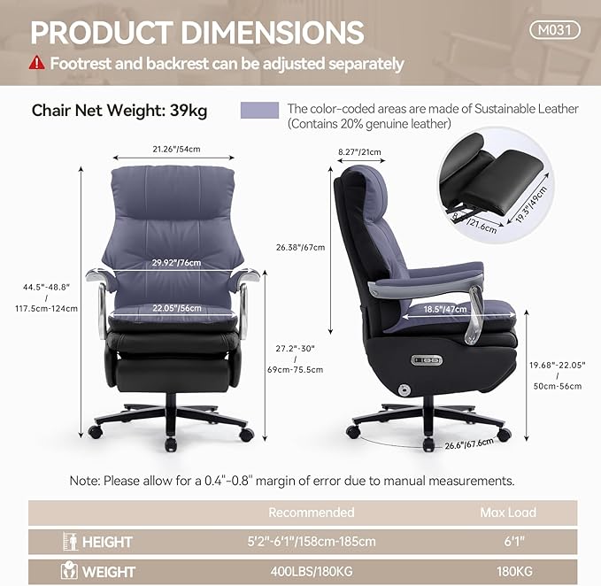 Dual Motor Electric Executive Office Chair with Foot Rest, Comfy Reclining Office Chair with Massage, Big and Tall Heavy Duty Ergonomic Home Office Desk Chairs,Sustainable Leather 400lbs, Black