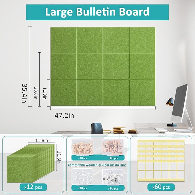 Large Cork Board for Walls 48" x 36" - Green Bulletin Board - 12 Pack Felt Wall Tiles with Safe Removable Adhesive Tabs - Corkboard for Office School Home Decor - Sage Green