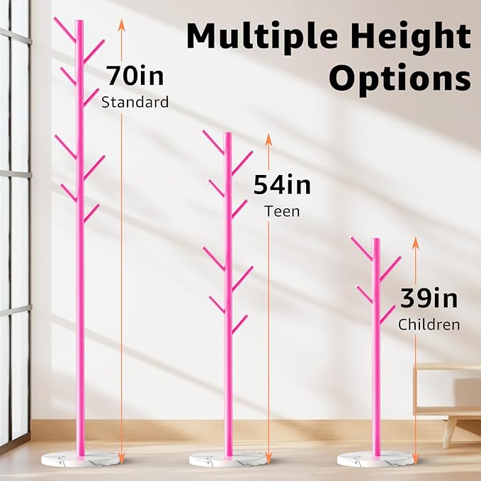 Coat Rack with Natural Marble Base, Metal Freestanding Coat Rack with 8 Hooks, 3 Adjustable Size Sturdy Coat Tree for Bags, Coats, and Hats for Entryway, Hallway, Bedroom, Office, Pink