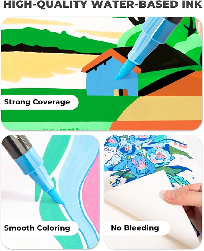 JusArt 48 Colors Acrylic Paint Markers Set With Bag, Dual Tip with Brush Tip and Fine Tip Paint Pens for Rock Painting, Wood, Egg, Canvas, Glass, Stone, Ceramic, DIY Crafts Professional Art Supplies