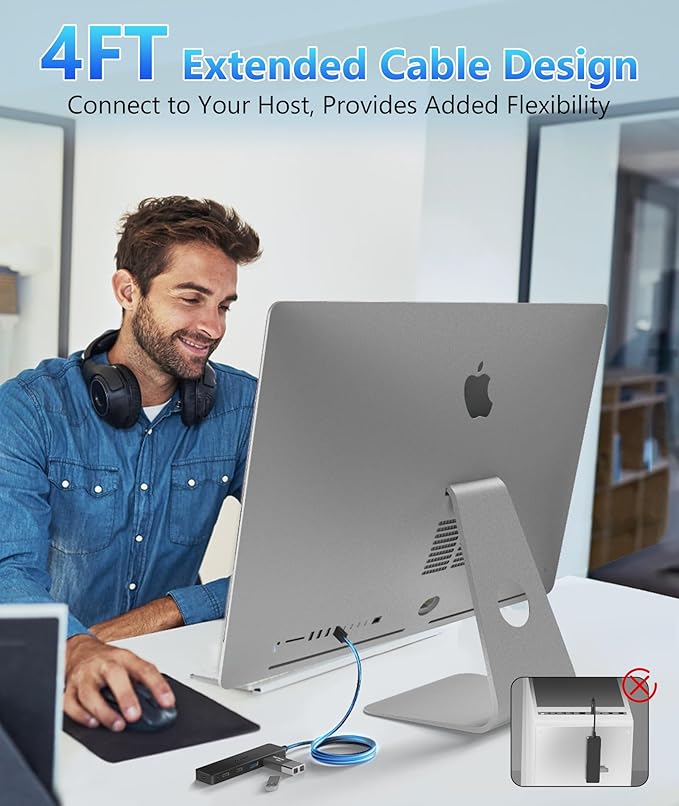 Aceele USB Hub 3.0 Splitter with 2 USB-C and 2 USB-A, 4 Ports Ultra-Slim Multiport Expander Adapter with 4ft Extension Long Cable Cord, USB Extender for Desktop, Computer, PC, Laptop, iMac and More