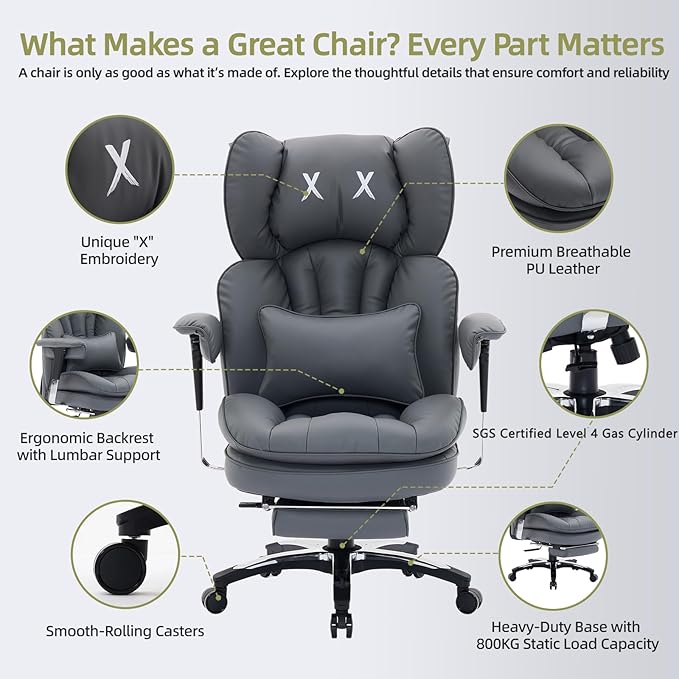 Efomao Big and Tall Office Chair with Footrest – High Back Computer Chair with Adjustable Armrests,Executive Office Chair with Wide Seat, Modern Desk Chair for Home Office, Gaming, or Study, Grey