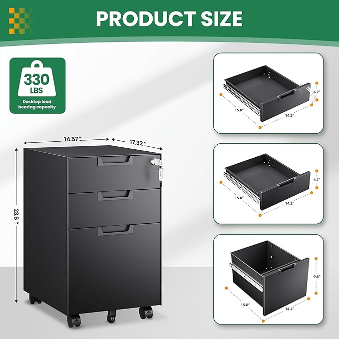 Mobile File Cabinet,3 Drawer Locking Storage Filing Cabinet,Office Metal Storage Cabinet on Wheels for Legal/Letter/A4 File(Fully Assembled,Black)