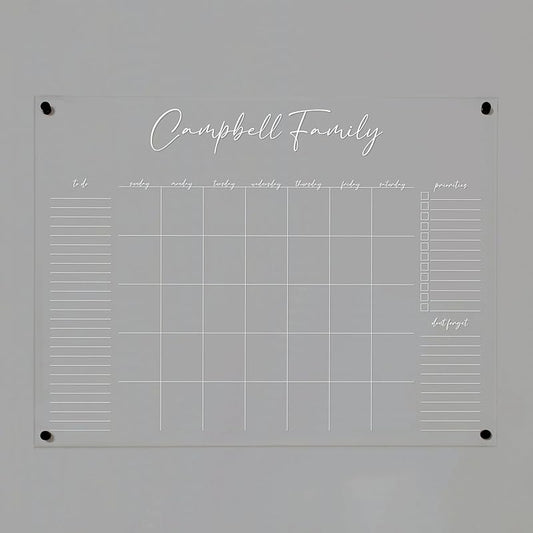 Personalized Clear Acrylic Calendar for Wall, Calendar Whiteboard for Wall, Dry Erase Wall Calendar, Wall Calendar Organizer System for Home (Cursive, White, 47.5"W x 36"H)