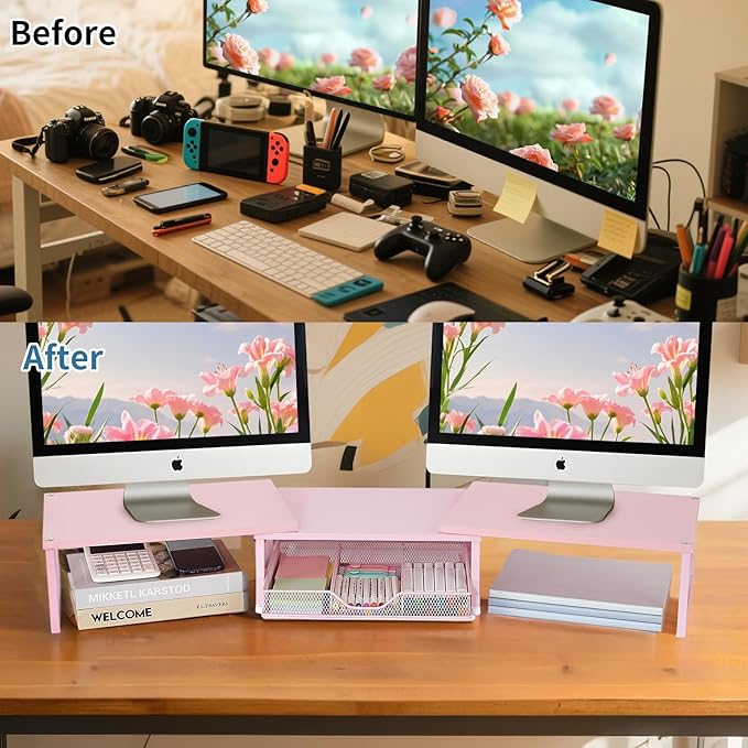 Dual Monitor Stand Riser, Desk Organizer with Drawer, Office Desk Organizers and Accessories, Office Workspace Organization Computer Monitor Stand for Laptop, Printer, TV(Pink)