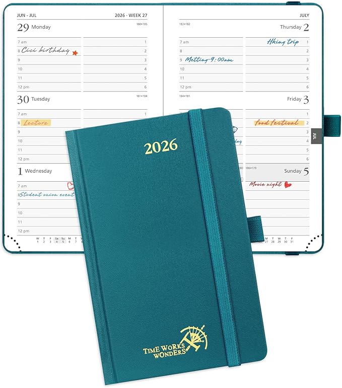 POPRUN 2026 Planner (Pocket Size 4''x 6.25'' Hardcover) - Small Calendar for Purse with Hourly Schedule & Vertical Weekly Layout, Monthly Calendars, 100 GSM - Pacific Green