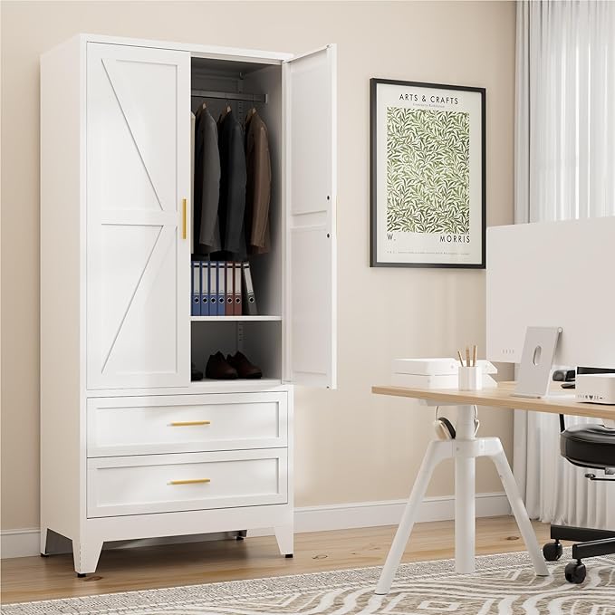 71" Tall Metal Wardrobe Cabinet with 2 Drawers and Hanging Rod, 2 Doors Armoire Wardrobe Closet with Shelf for Bedroom, Office, Laundry Room, White