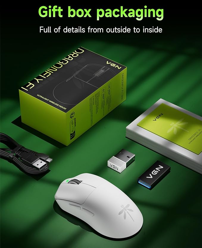 VGN F1 PRO Wireless Gaming Mouse - Ultralight 49g - Wireless & Wired Mode - 26000 Adjustable DPI - 1000Hz Polling Rate - 65 Hours Battery - Programmable Buttons - Esports Professional Grade - USB-C