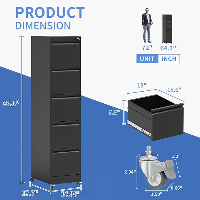 5 Drawer Mobile File Cabinet, Filing Cabinet Home Office for Letter, Legal Size, Black