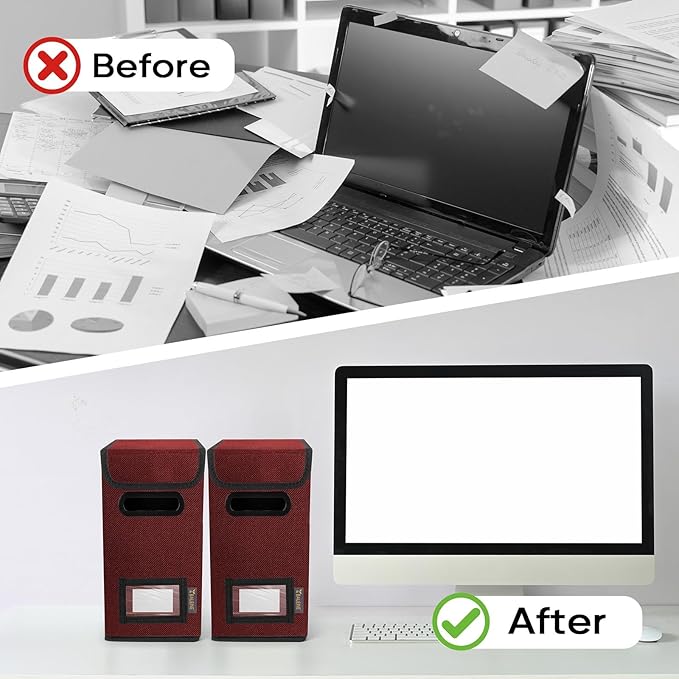 BALEINE File Organizer Box with Lid, Collapsible File Folder Organizer with Plastic Slide, Hanging File Folder Box for Office Document Storage (2 Pack, Red, S)