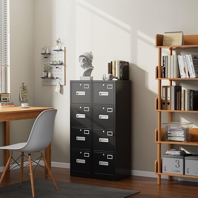 Aobabo 4 Drawer File Cabinet, Metal Filing Cabinet with Lock, Suitable for Home Office School Hanging Files Letter/Legal/A4 Size,Black,Required-Assembly,17.72" D x 14.96" W x 55.2" H