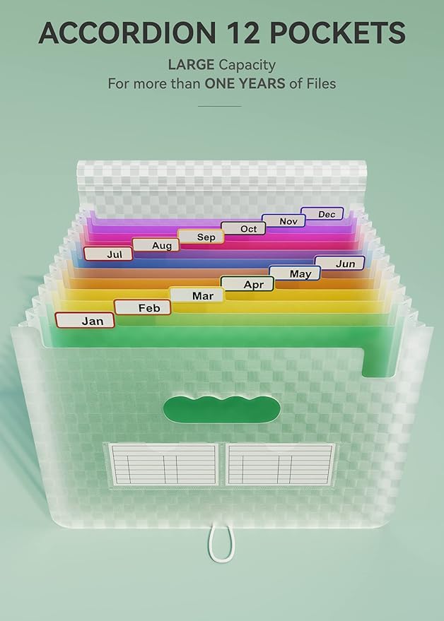 ABC life 12 Pockets Accordion File Organizer Expanding File Folders, Portable Monthly Bill Receipt Document Organizer, Expandable Accordian Filing Folder Letter A4 Size, Colored Tabs (Green)