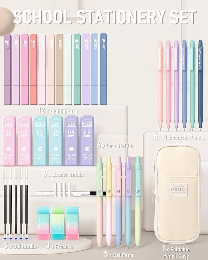 Four Candies 39 PCS Cute School Supplies with Pen Case for Girls - 5 Black Ink Gel Pens, 12 Pastel Highlighters, 6 Aesthetic Mechanical Pencils Set for Stationary College Essentials (Cream)
