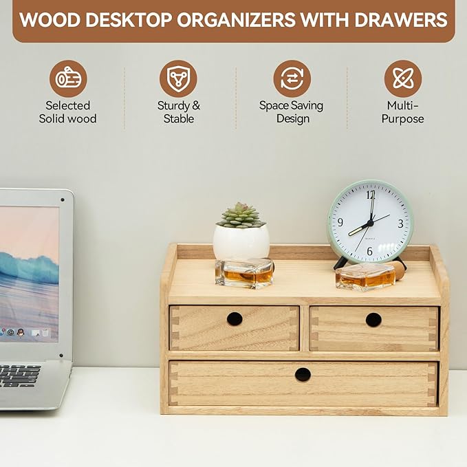 KIRIGEN Wood Organizer Shelf with 3 Drawers for Home Kicthen Decor Office Supplies Desktop Cabinet for Drawer Organizer - Desk Accessories Storage Box -Countertop Shelf Natural(DT2D3C-NA)