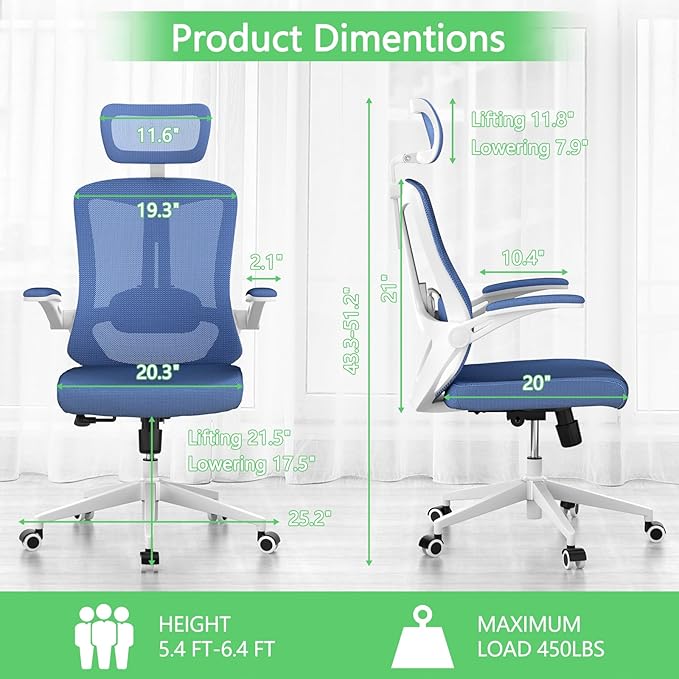 Home Office Chair,Ergonomic Big and Tall Office Desk Chair with Flip-up Arms/Headrest/Adjustable Lumbar Support/Tilt Function/450 lbs Heavy Duty Office Chair-Mesh (Blue)