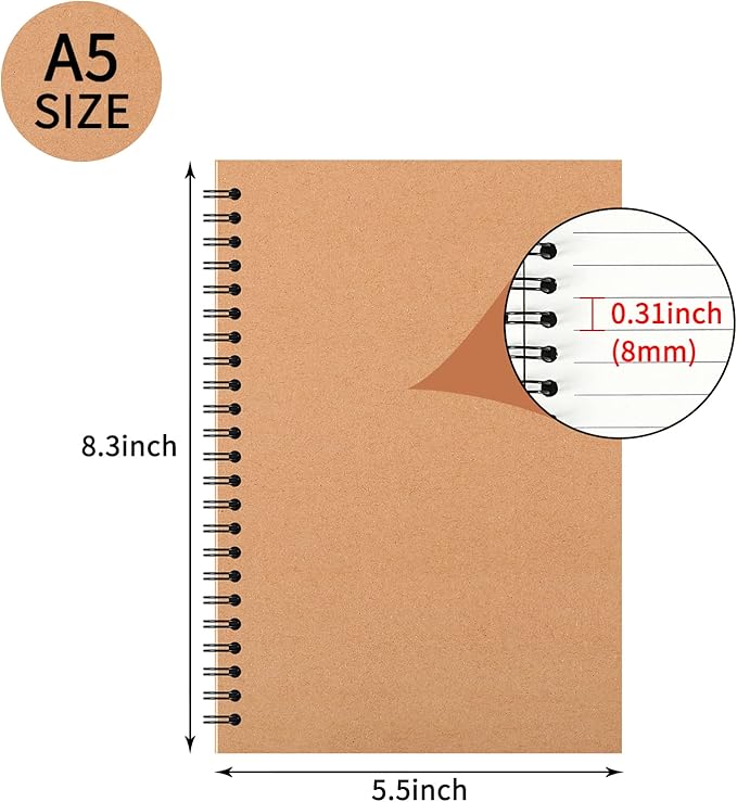 6 Pcs A5 Spiral Notebooks Journal with Kraft Cover, 5x8 Inches, Ruled Lined Paper, for Work, Sketches, Study, Notes Taking, Gifts, Brown (6 PCS(Lined))