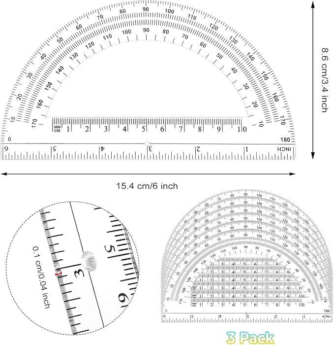 Zonon 3 Pieces Plastic Protractors Bulk Classroom Clear Math Protractors 180 Degrees 6 Inch for Geometry Student, Angle Measurement, Students Back to School Supplies Office Supplies
