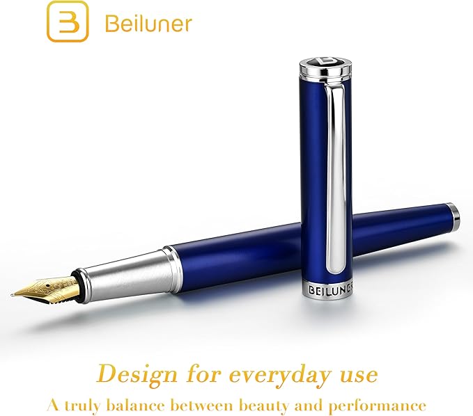 BEILUNER Luxury Fountain Pen Set,Solid 24K Gilded Medium Nib, Modern Classic Limited Edition -Includes 6 Ink Cartridges&Ink Refill Converter with Gift Case-Perfect for Men and Women(Charming blue)