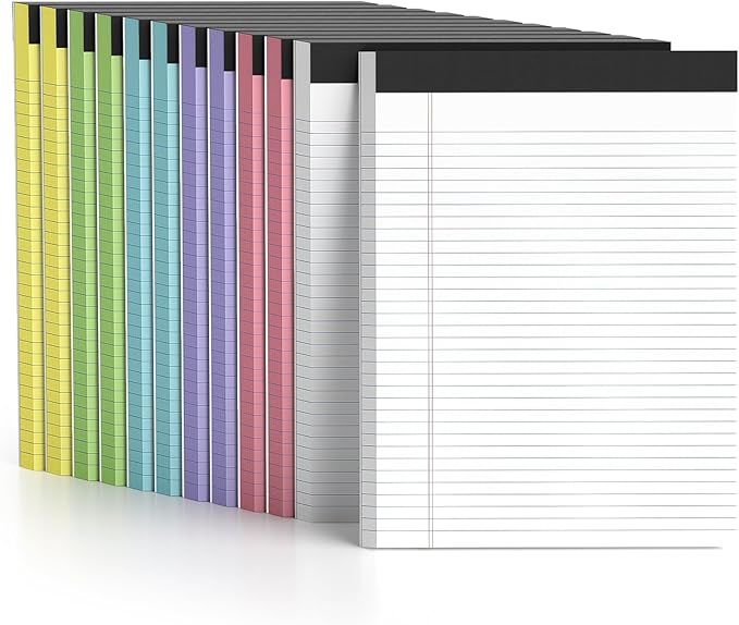 12 Pack Color Legal Pads 8.5 x 11 College Ruled Paper Note Pads Narrow Ruled 50 Sheets per Notepad Perforated Writing Pad Durable Sturdy Back 8x11 Pads of Paper Pink Purple Blue Green White Yellow