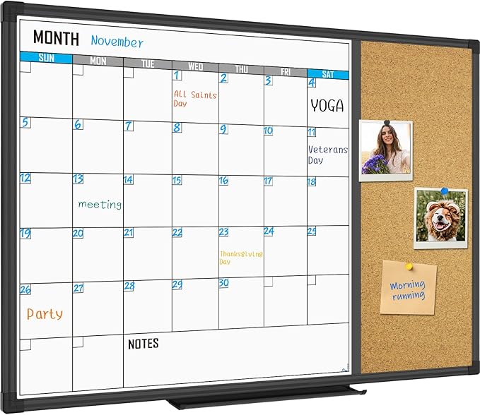 XBoard Dry Erase Calendar Whiteboard 28 X 20 - Combo White Board Calendar Monthly, Magnetic White Board + Corkboard with Black Aluminum Frame