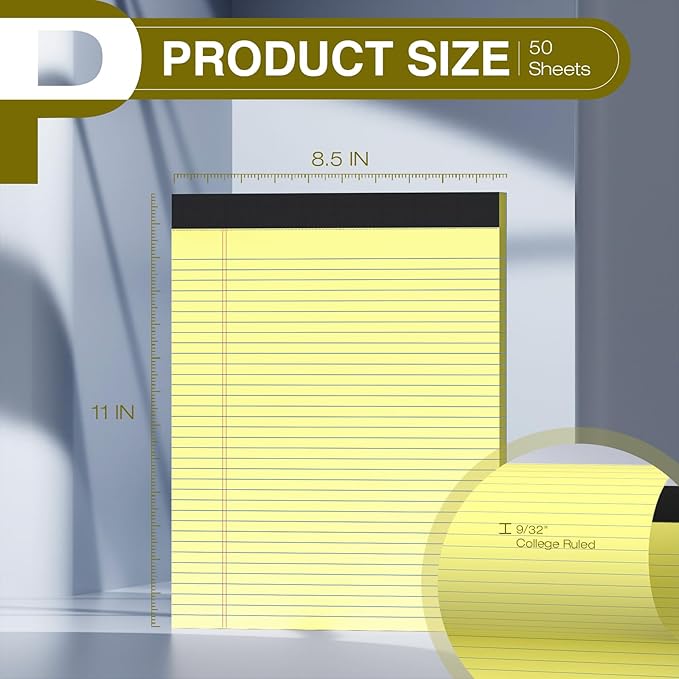 6 Pack Legal Pads 8.5" x 11" College Ruled Yellow Note Pads 8.5 x 11 Inch Micro-Perforated Notepad 300 Sheets in Total Lined Writing Paper Notebook for Office, School Supplies & To-Do Lists