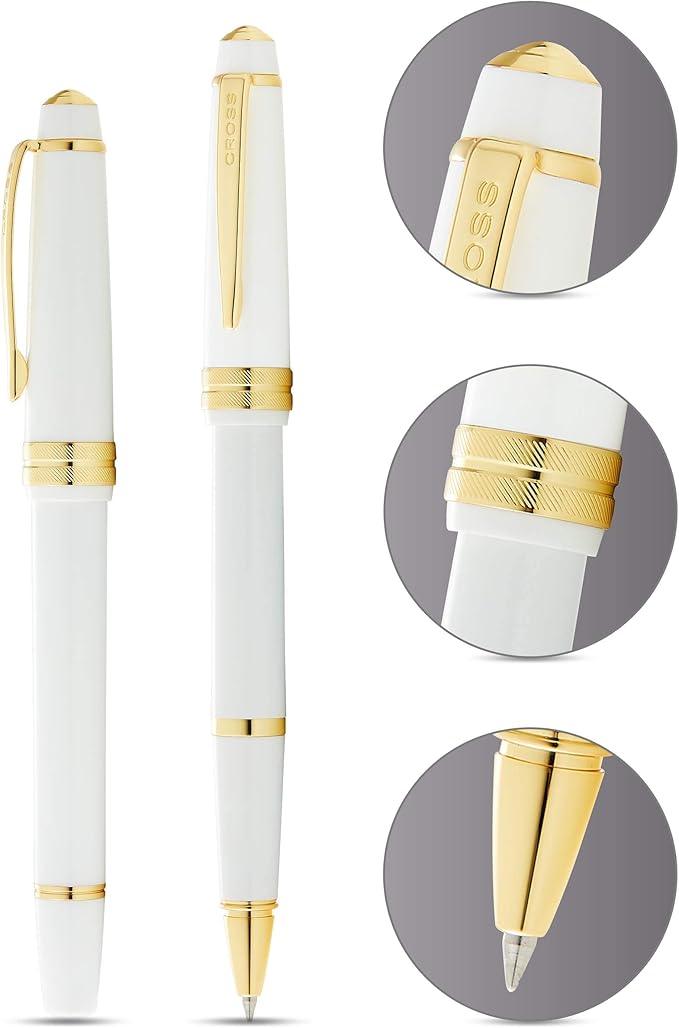 Cross Bailey Light Refillable Rollerball Pen Presented in a Everyday Gift Box - Medium Point, Black Ink, Polished White