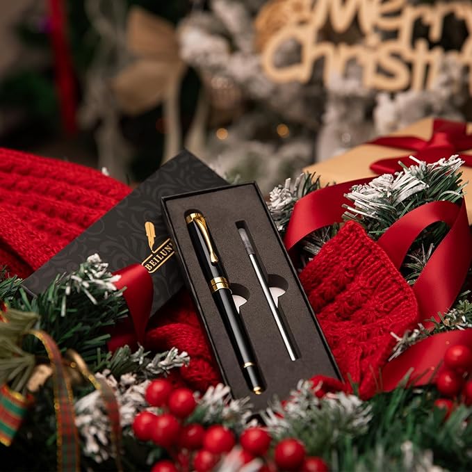 BEILUNER Ballpoint Pens, Stunning Black Chrome Metal Pen with Golden Trim, Best Ball Pen Gift Set for Men & Women, Professional, Executive, Office, Nice Pens-Gift Box with 0.5mm Black Extra Refill