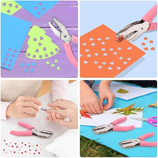 4 Pack Handheld Hole Paper Punch Kit,Single Hole Punch, Heart and Star Hole Punch, Rubber Handled