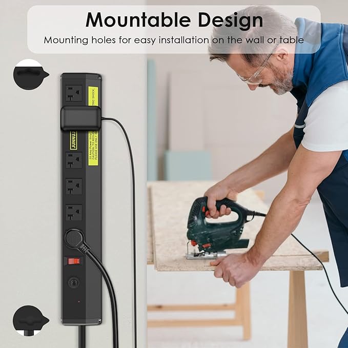 JUNNUJ Heavy Duty Metal Power Strip 20 Amp, High Amp Surge Protector 6 Outlet, 20A Power Strips Workshop Industrial Outlets Wide Spaced 6-20R T-Slot with Circuit Breaker, 12 Gauge Extension Cord 15ft