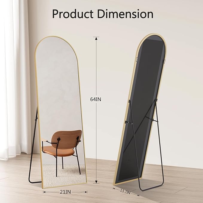 Simple Deluxe Arched Full Length Mirror, 64"×21" Large Mirror, Full Length Mirrors for Home Wall Decor, Arched Floor Mirrors with Stand for Bedroom Decor - Gold