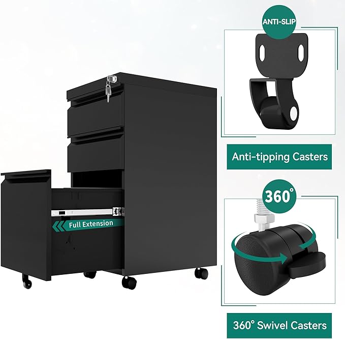 YITAHOME 3 Drawer File Cabinet with Lock, 20” Deep Office Vertical Files, Mobile Metal Filing Cabinet, Metal Vertical Filing Storage Cabinet for Letters/Legal/A4 Size,Black