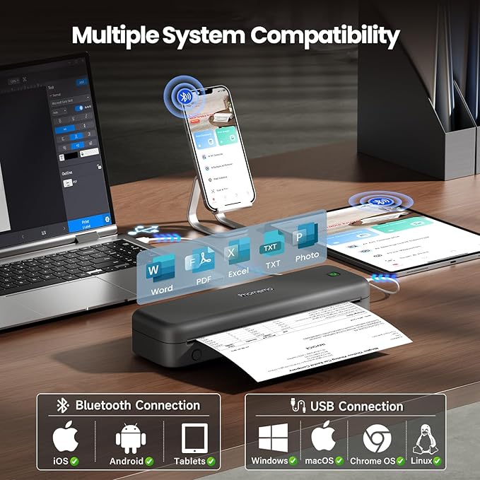 Phomemo M834 Portable Printer Wireless for Travel, Bluetooth Thermal Printer 8.5" x 11"&A4, Compatible with iOS,Android & PC,Inkless Mobile Printers for Travel,Office,School,Home,Gray