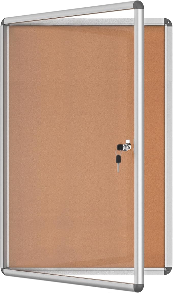 36"x24" Enclosed Bulletin Board, Lockable Weather-Resistant Aluminum Cork Noticeboard for School & Office, Silver Frame w/Cork