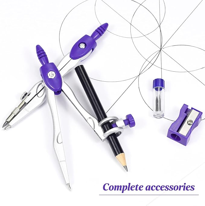 Math Geometry Kit Sets 10 Piece Student Supplies with Shatterproof Storage Box,Includes Rulers,Protractor,Compass,Eraser,Pencil Sharpener,Lead Refills,Pencil,for Drafting(Purple)