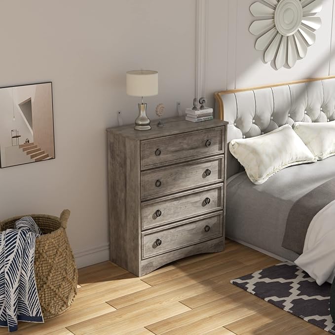 LGHM Modern 4 Drawer Dresser, Dressers for Bedroom, Tall Chest of Drawers Closet Organizers and Storage for Clothes - Easy Pull Handle, Textured Borders Drawers for Living Room, Hallway, Gray